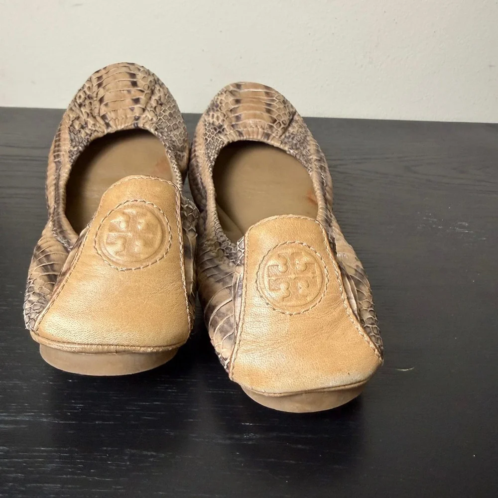 Tory Burch Reva Snakeskin Embossed Leather Ballet Flats Tan Brown Women Size 6.5